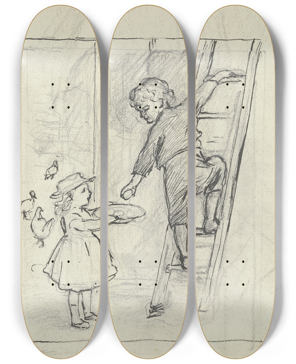 Triptych art skateboard deck of Otto Scholderer Zwei Kinder Beim Eierholen by Otto Scholderer (1834-1902)