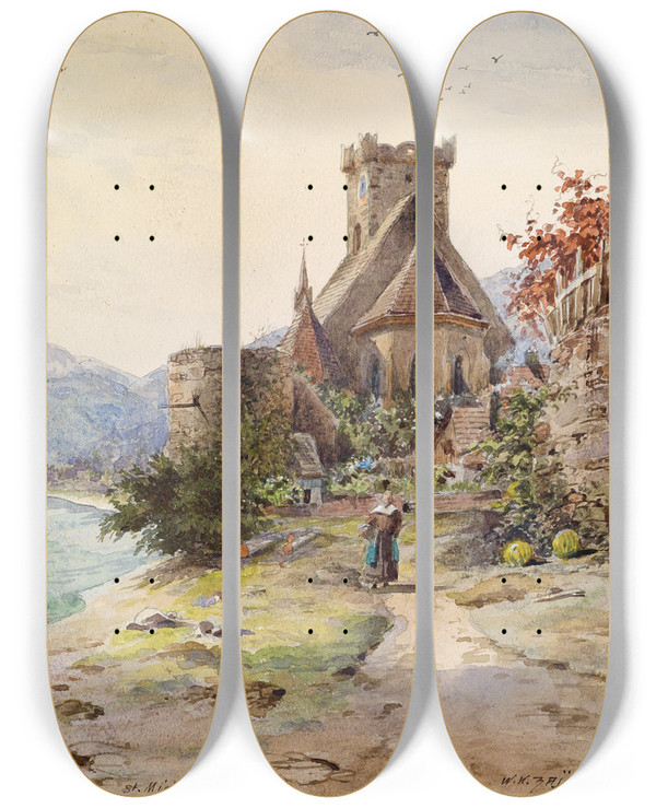 Triptych art skateboard deck of Carl Wenzel Zajicek St Michael Wachau by Carl Wenzel Zajicek (1860-1923)