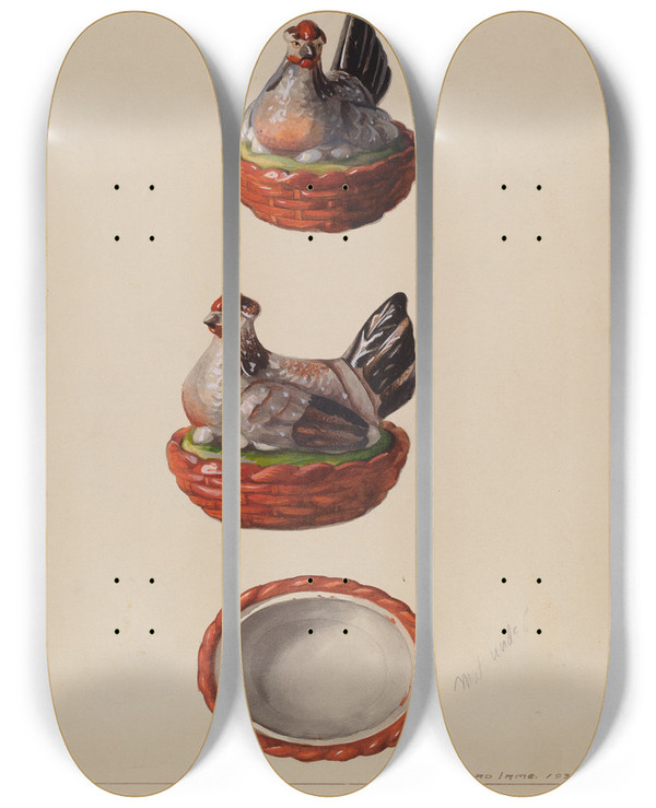 Triptych art skateboard deck of J Howard Iams Hen On Basket by J Howard Iams (20-)