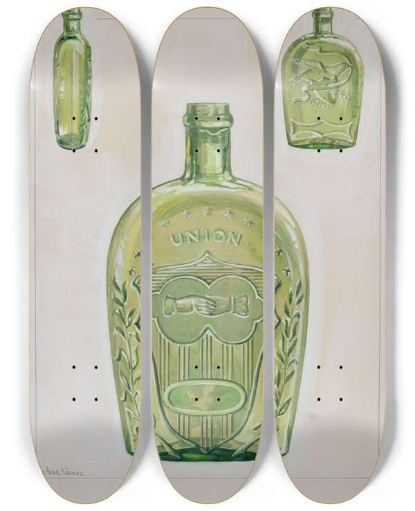 Triptych art skateboard deck of Charles Caseau Liquor Flask_4 by Charles Caseau (1880)