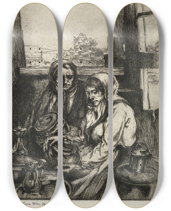 Triptych art skateboard deck of Arthur William Heintzelman Old Brass by Arthur William Heintzelman (1891-1965)