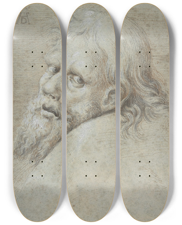 Triptych art skateboard deck of Hans Hoffmann Head Of A Bearded Man by Hans Hoffmann (1545-1592)