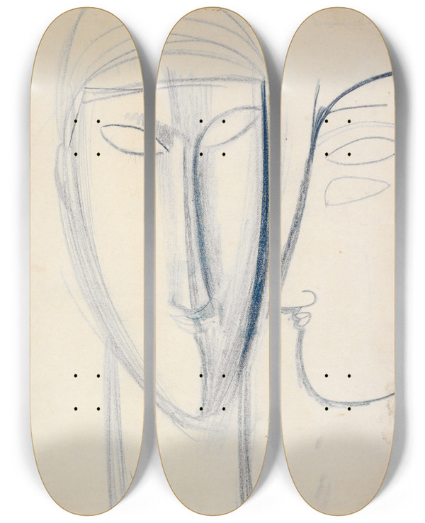 Triptych art skateboard deck of Amedeo Modigliani Frontales Langes Gesicht Und Kopf Im Profil by Amedeo Modigliani (1884-1920)
