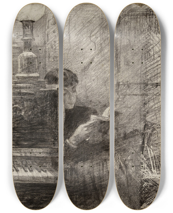 Triptych art skateboard deck of Marie Bashkirtseff Femme Lisant Langle Dun Piano by Marie Bashkirtseff (1858-1884)