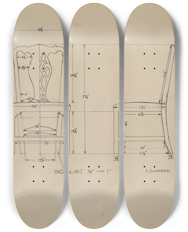 Triptych art skateboard deck of Isidore Sovensky Side Chair by Isidore Sovensky