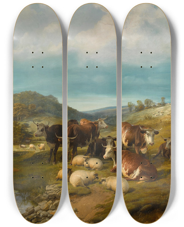 Triptych art skateboard deck of Thomas Sidney Cooper Cattle And Sheep At A Watering Place by Thomas Sidney Cooper (1803-1902)
