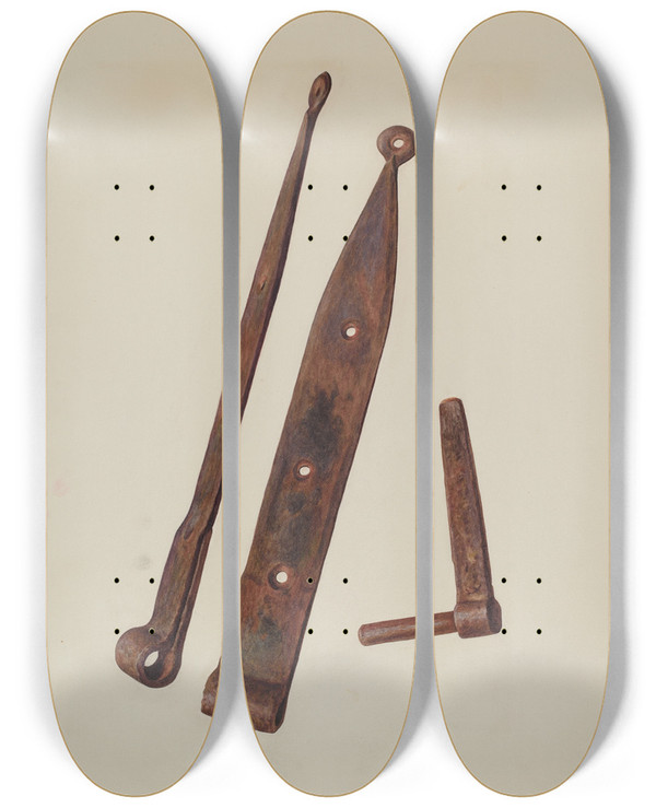Triptych art skateboard deck of Manuel G Runyan Hinges And Bolt by Manuel G Runyan