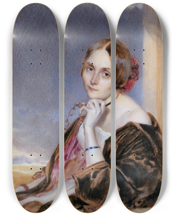 Triptych art skateboard deck of Carl Von Saar Bildnis Einer Sitzenden Dame Ein Loignon Haltend by Carl Von Saar (1797-1853)