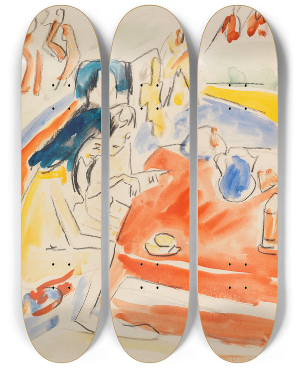 Triptych art skateboard deck of Ernst Ludwig Kirchner Zwei Am Tisch Sitzende Mdchen by Ernst Ludwig Kirchner (1880-1938)