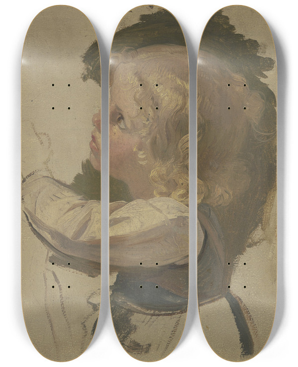 Triptych art skateboard deck of Jakob Becker Small Blond Child by Jakob Becker (1810-1872)
