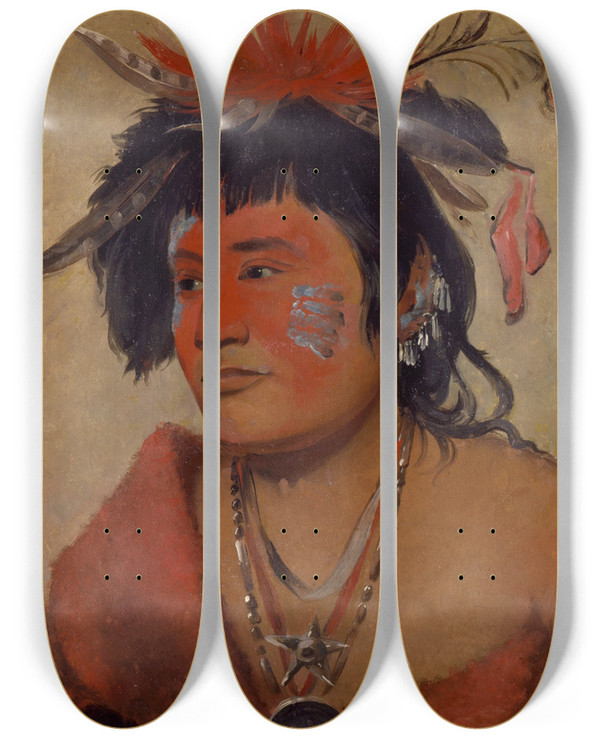 Triptych art skateboard deck of George Catlin Pahsheenushaw A Warrior by George Catlin (1796-1872)