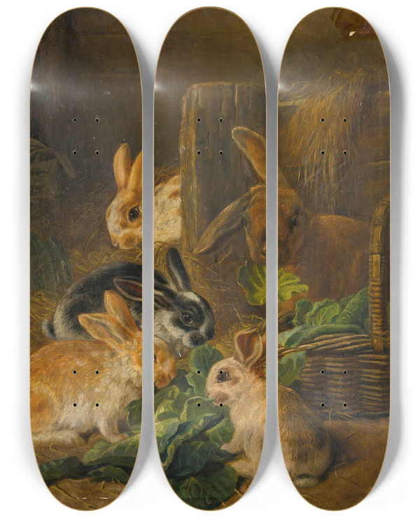 Triptych art skateboard deck of Alfred Richardson Barber Rabbits by Alfred Richardson Barber (1841-1925)