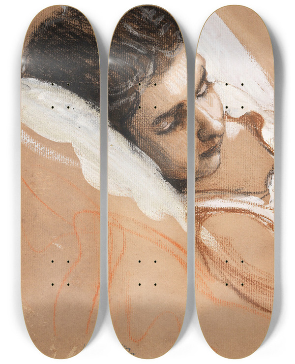 Triptych art skateboard deck of Leo Putz Schlafendes Mdchen by Leo Putz (1869-1940)