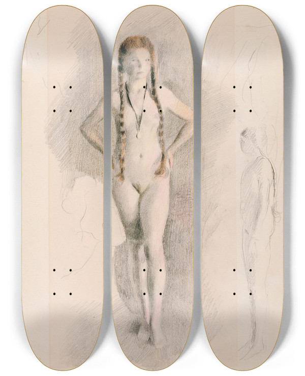 Triptych art skateboard deck of Otto Meyeramden Mdchen Mit Medaillon by Otto Meyer-Amden (1885-1933)