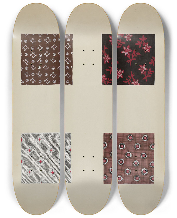 Triptych art skateboard deck of Katherine Hastings Materials From Quilt_1 by Katherine Hastings