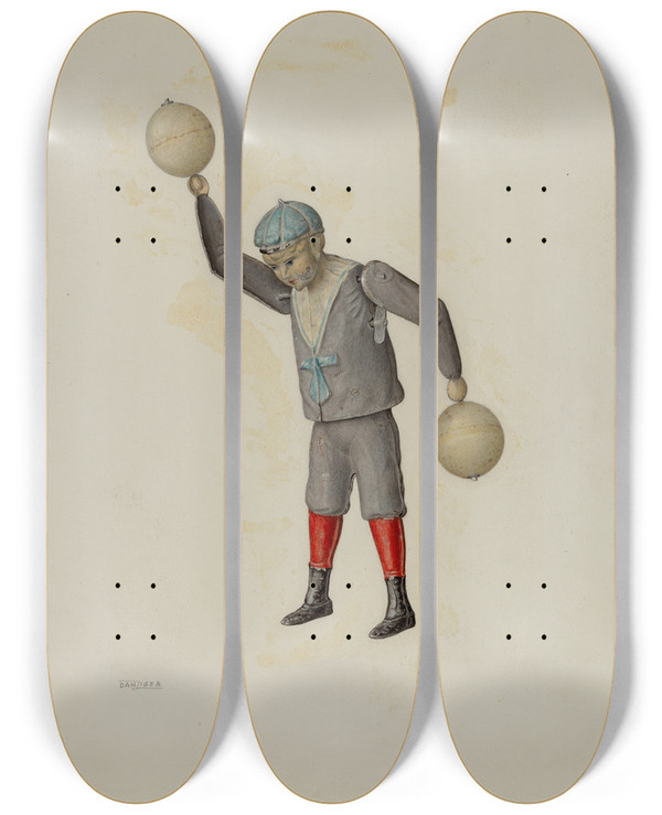 Triptych art skateboard deck of Isidore Danziger Mechanical Toy_1 by Isidore Danziger