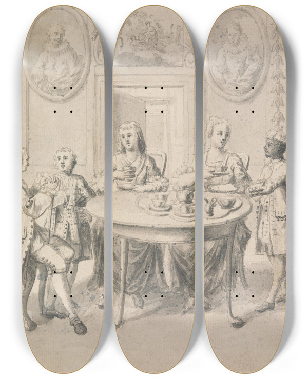 Triptych art skateboard deck of Samuel Wale Interior Scene With Family At Tea by Samuel Wale (1721-1786)