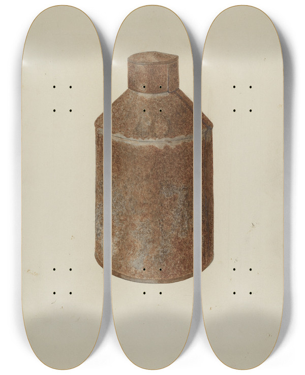 Triptych art skateboard deck of Eldon Allen Tin Tea Caddy by Eldon Allen