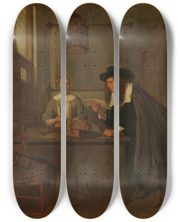 Triptych art skateboard deck of Quirijn Van Brekelenkam Interior With Laceworker And A Visitor by Quirijn Van Brekelenkam (1622-1669)