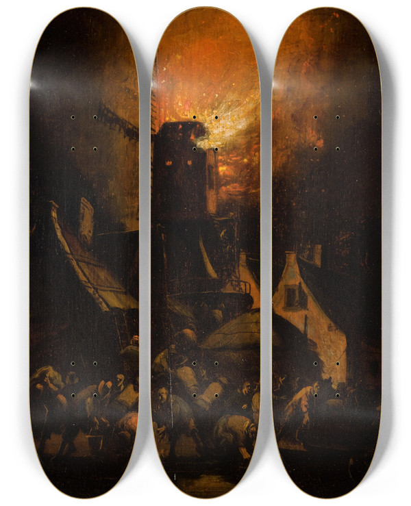 Triptych art skateboard deck of Egbert Van Der Poel Windmill Fire by Egbert van der Poel (1621-1664)