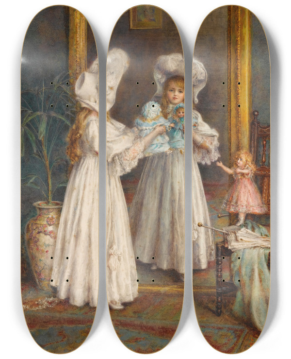 Triptych art skateboard deck of Mary Lightbody Gow Playing With Her Dolls by Mary Lightbody Gow (1851-1929)