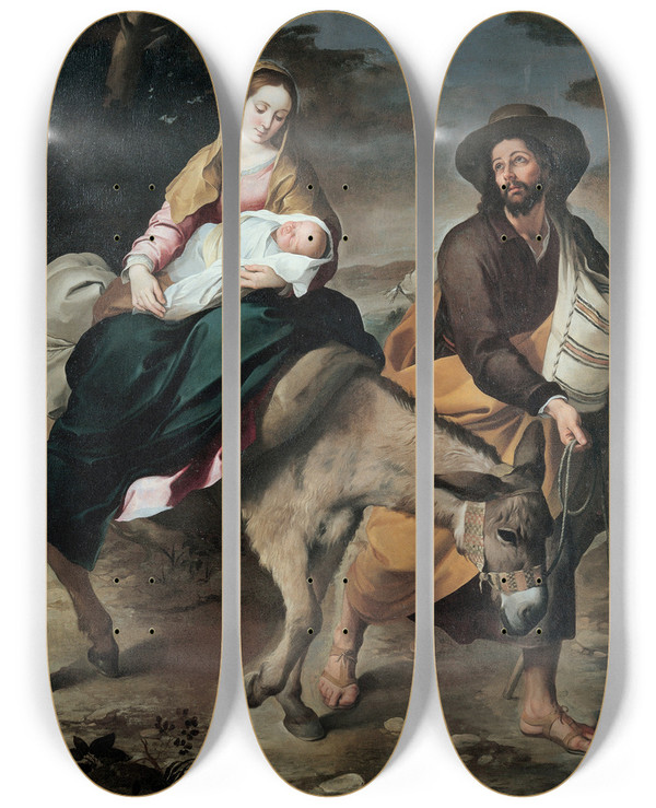 Triptych art skateboard deck of Bartolom Estebn Murillo The Flight Into Egypt by Bartolome Esteban Murillo (1617-1682)