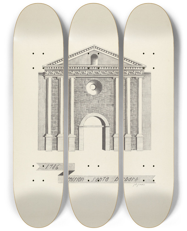 Triptych art skateboard deck of James Jones Mision Santa Barbara by James Jones