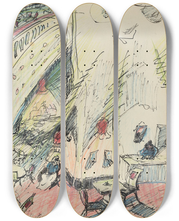 Triptych art skateboard deck of Walter Gramatt Das Leere Caf The Empty Caf by Walter Gramatte (1897-1929)