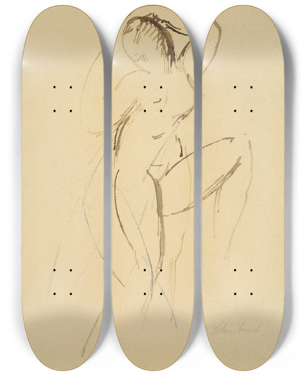 Triptych art skateboard deck of Wilhelm Lehmbruck Mdchenakt Mit Aufgestemmtem Linken Bein by Wilhelm Lehmbruck (1881-1919)