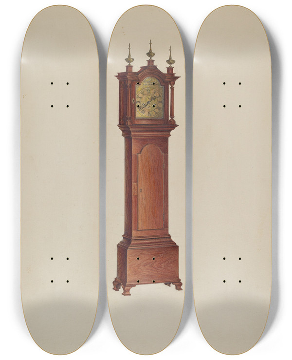 Triptych art skateboard deck of Isadore Goldberg Miniature Tall Clock by Isadore Goldberg