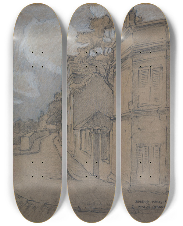 Triptych art skateboard deck of Ferdinand Boberg 2 Impasse Girardon by Ferdinand Boberg (1860-1946)