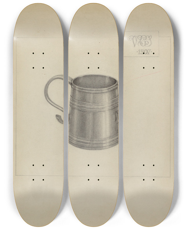 Triptych art skateboard deck of Charles Garjian Silver Mug by Charles Garjian
