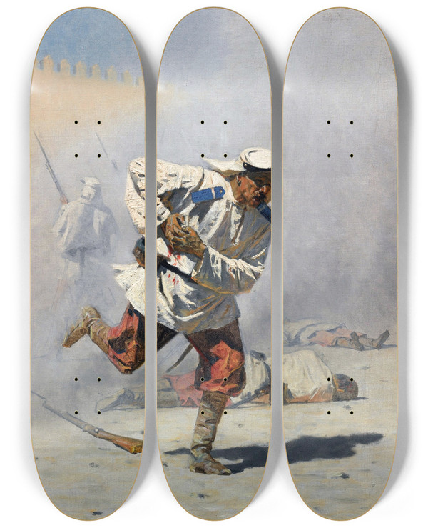 Triptych art skateboard deck of Vasily Vereshchagin Mortally Wounded by Vasily Vereshchagin (1842-1904)