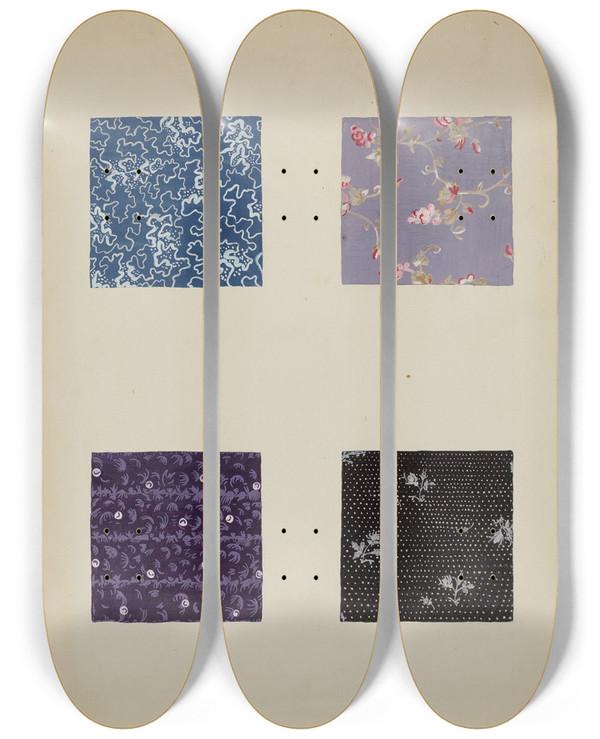 Triptych art skateboard deck of Katherine Hastings Materials From Patchwork Quilt_1 by Katherine Hastings