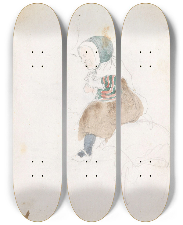 Triptych art skateboard deck of Adolph Tidemand Sittende Barn by Adolph Tidemand (1814-1876)