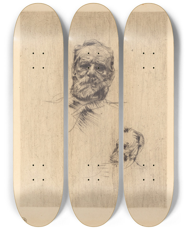 Triptych art skateboard deck of Auguste Rodin Victor Hugo De Face Ii by Auguste Rodin (1840-1917)