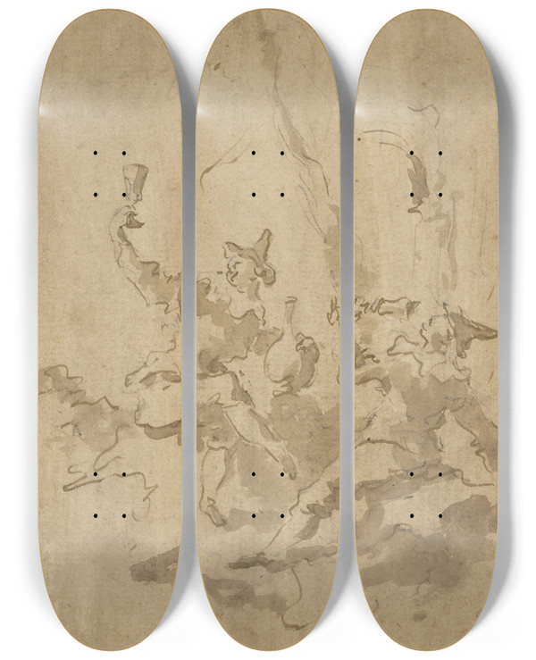 Triptych art skateboard deck of Francesco Guardi Two Drinking Men by Francesco Guardi (1712-1793)