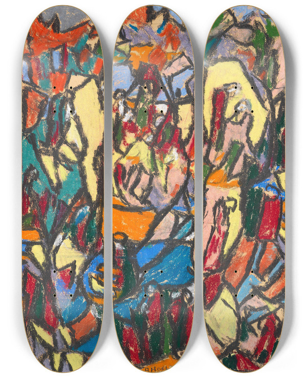 Triptych art skateboard deck of Adolf Hlzel Belebte Landschaft by Adolf Holzel (1853-1934)