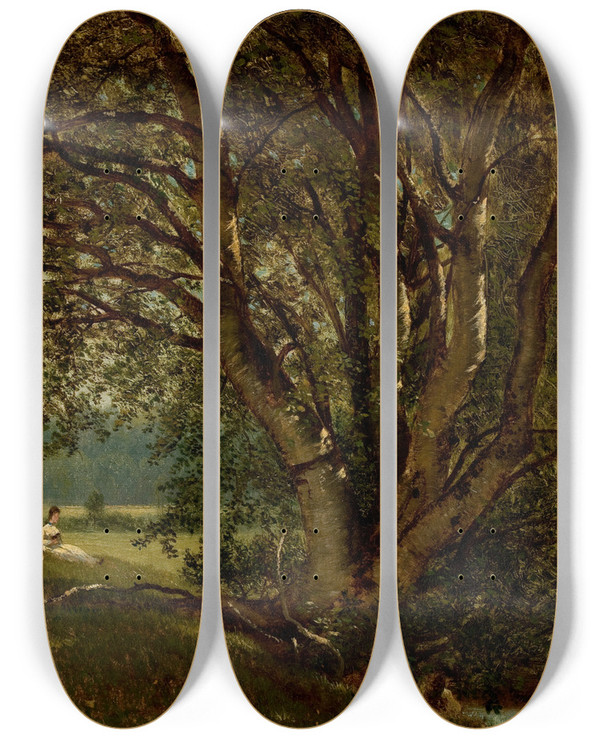 Triptych art skateboard deck of David Johnson Woman Seated By A Stream Study by David Johnson (1827-1908)