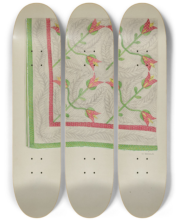 Triptych art skateboard deck of Madeline Arnold Applique Quilt by Madeline Arnold