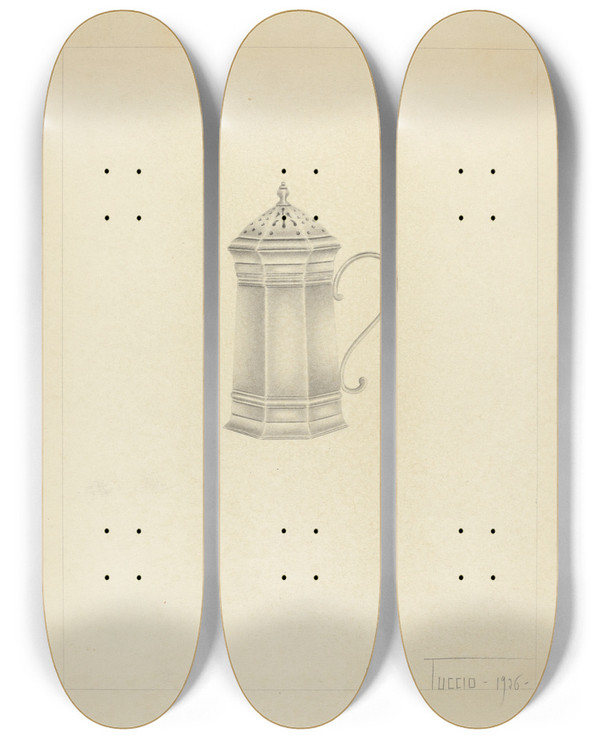 Triptych art skateboard deck of Amelia Tuccio Silver Caster_1 by Amelia Tuccio (20-)