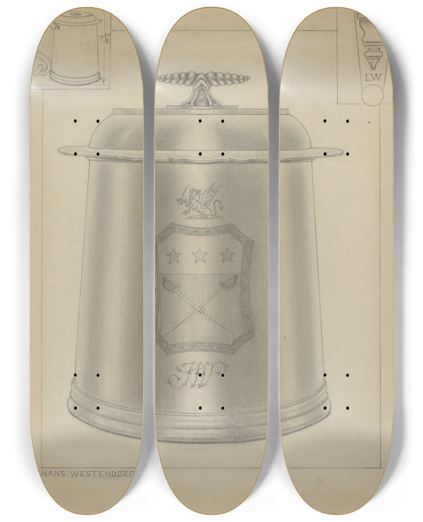 Triptych art skateboard deck of Hans Westendorff Silver Tankard by Hans Westendorff