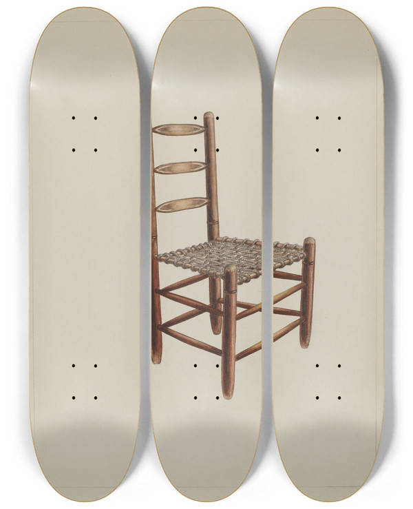 Triptych art skateboard deck of Clyde L Cheney Wooden Chiar by Clyde L Cheney