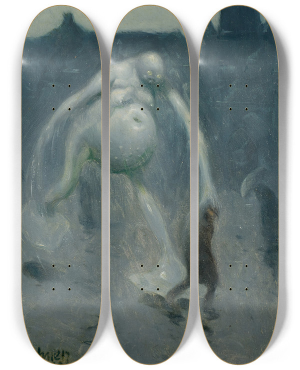 Triptych art skateboard deck of Richard Teschner Platzregen by Richard Teschner (1879-1948)