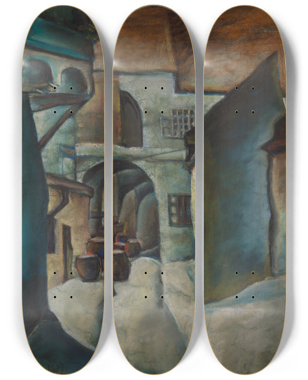 Triptych art skateboard deck of Kontantn Bauer Koick Dvor_2 by Konstantin Bauer (1893-1928)