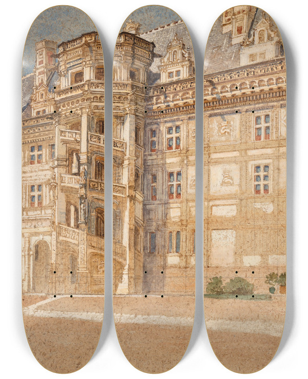Triptych art skateboard deck of Samuel Colman Chateau De Blois by Samuel Colman (1832-1920)