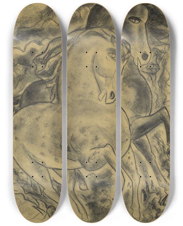 Triptych art skateboard deck of Leo Gestel Schetsblad Met Twee Paarden by Leo Gestel (1881-1941)