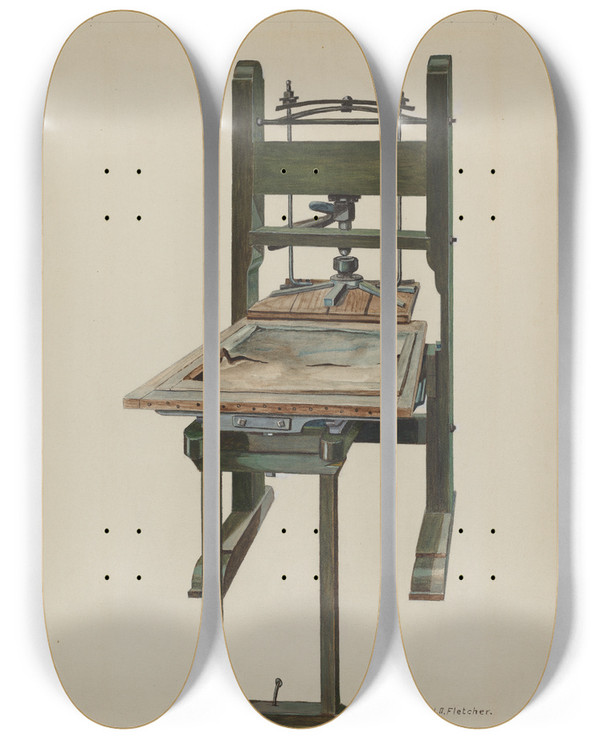 Triptych art skateboard deck of William O Fletcher Press by William O Fletcher