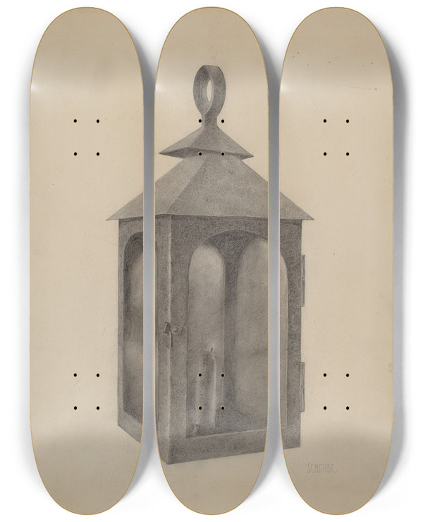 Triptych art skateboard deck of William Schmidt Lantern by William Schmidt