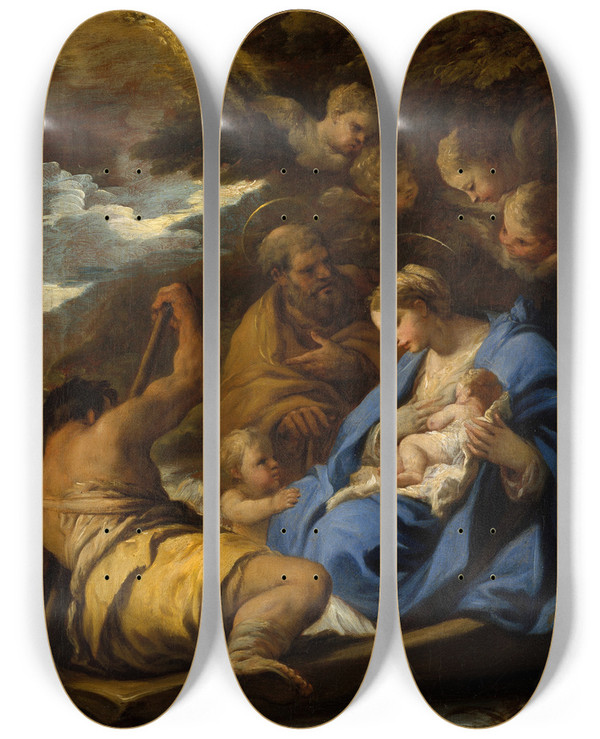Triptych art skateboard deck of Luca Giordano The Flight Into Egypt by Luca Giordano (1634-1705)